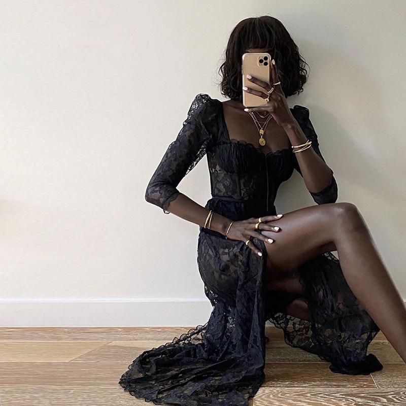 Sommer Sexy Perspektive Spitze Kleid Frauen Solide Platz Kragen Hülse Mit Drei Vierteln Backless Lange Split Damen Kleid