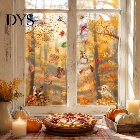 DIY Fall Party Window Ornaments 9PCS Thanksgiving Static Clings, Leaves Birds Cute Animals Easy Clean Film for Winter Glass Stickers, No-Adhesive