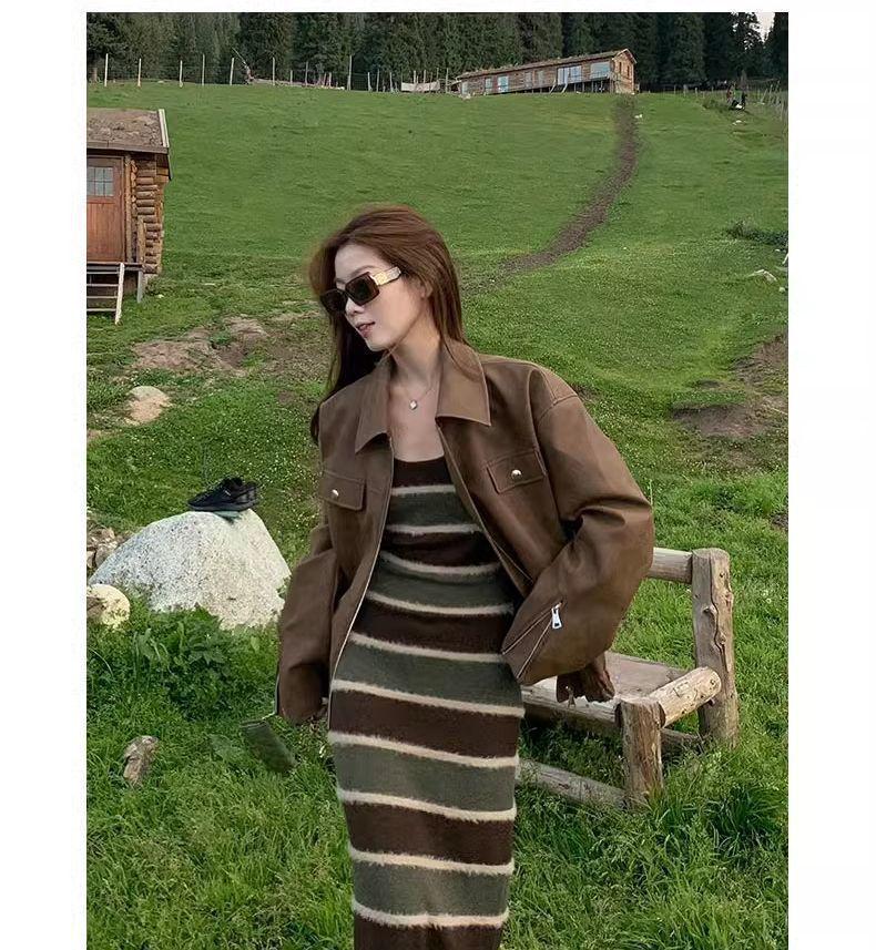 Women's Brown PU Leather Retro Motorcycle Jacket for Spring & Autumn