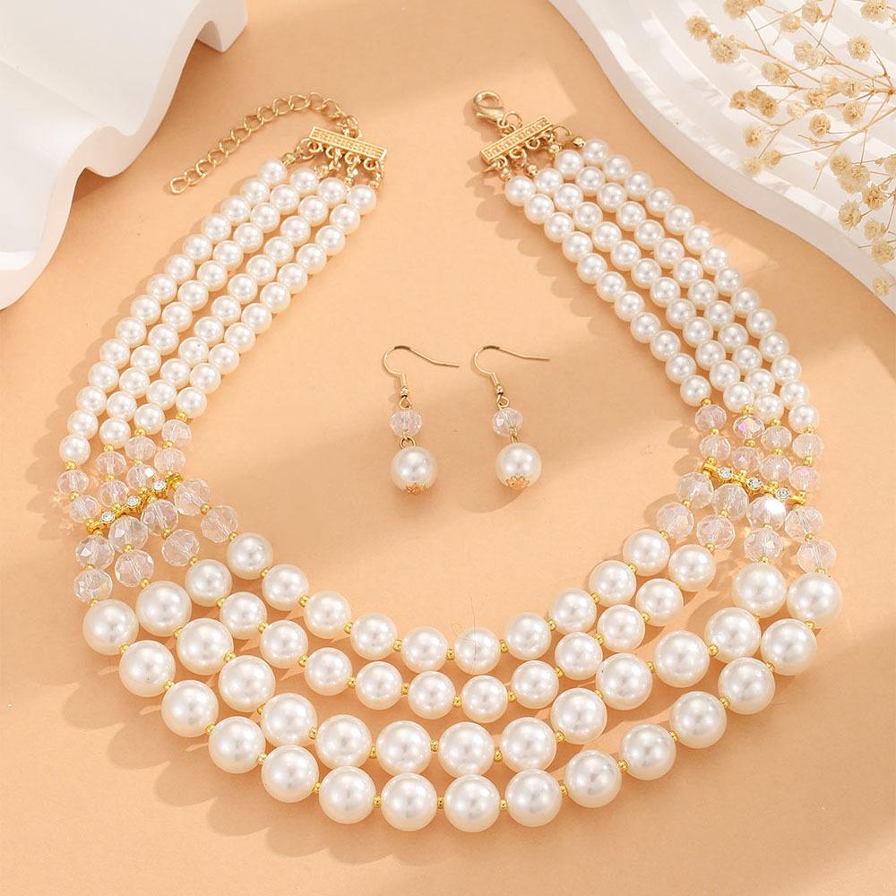 Multi-layer Handmade Imitation Pearl Crystal Beaded Necklace Earring Jewelry Set for Women Party Accessories