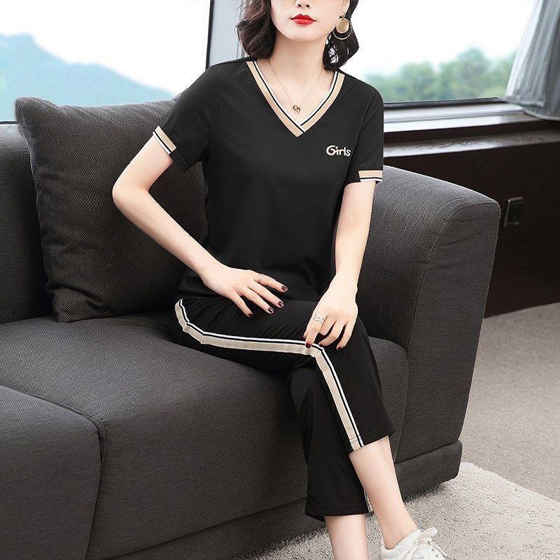 Summer Dress Plus-size Lady Sports Outfit - Top and Pants - Mother's Two-piece Set - Stylish and Fashionable Casual Outfit for Ladies