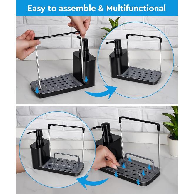 Hand and Dish Soap Dispenser Set with Tray, Dual Soap Dispenser with Sponge Holder and Dishcloth Holder 5-in-1 Organizer for Kitchen Sink Countertop