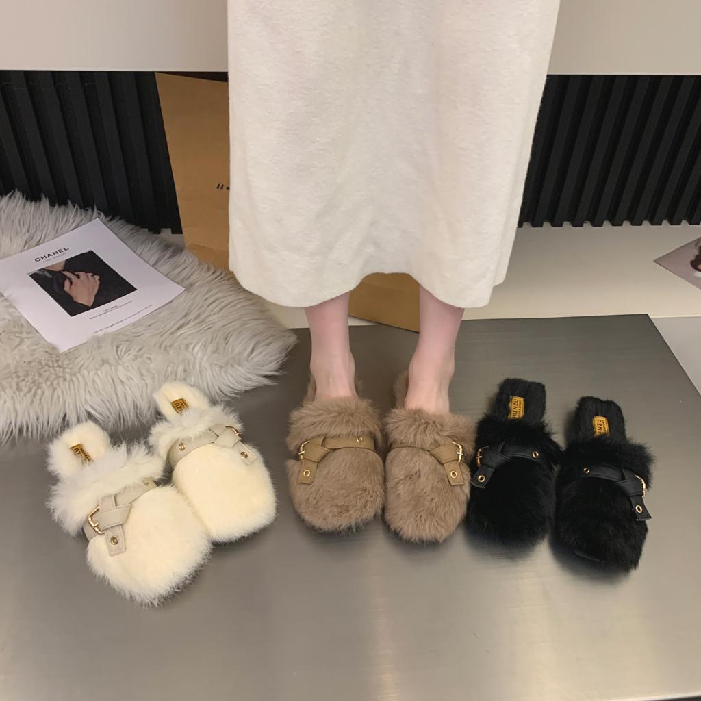 Flat bottom Internet celebrity plush small fragrant bag head fluffy half slippers women's autumn and winter wear 2025 new maternity cotton slippers