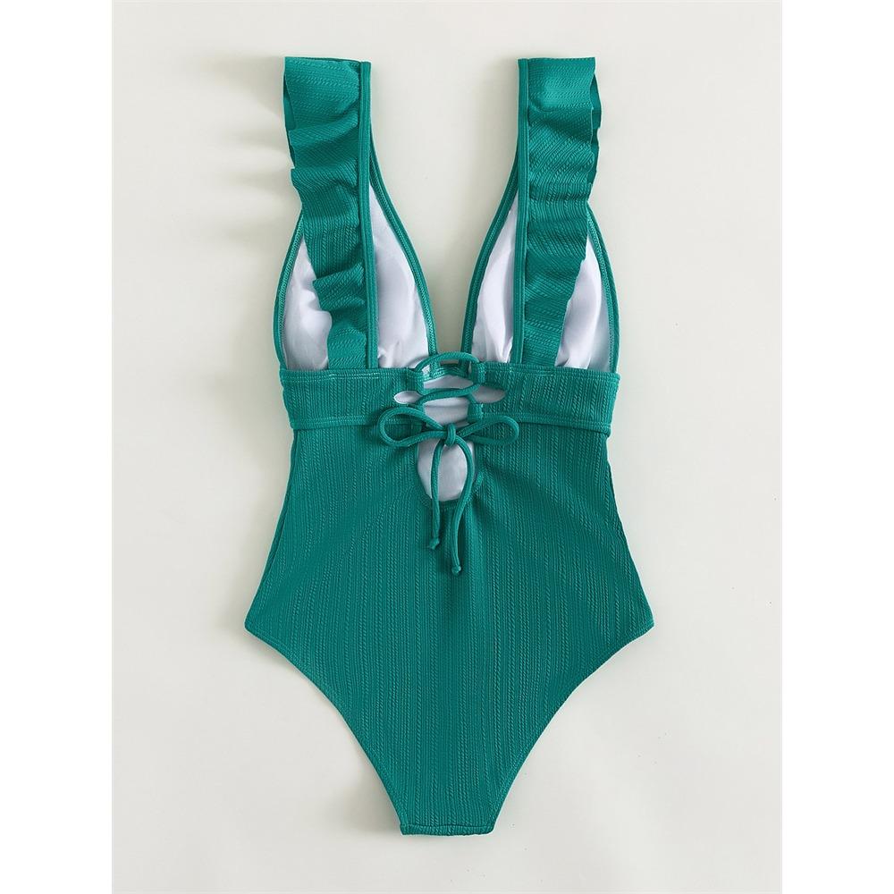 European and American One-piece Ruffle Edge Swimwear Three-dimensional Striped Sexy Swimsuit