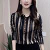 Commute Stylish Bronzing Striped Shirt Letter Spring Autumn Casual Turn-down Collar Button Women's Clothing Chic Diamonds Blouse
