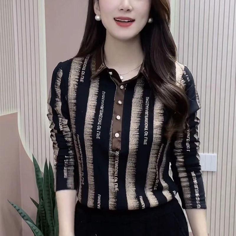 Commute Stylish Bronzing Striped Shirt Letter Spring Autumn Casual Turn-down Collar Button Women's Clothing Chic Diamonds Blouse