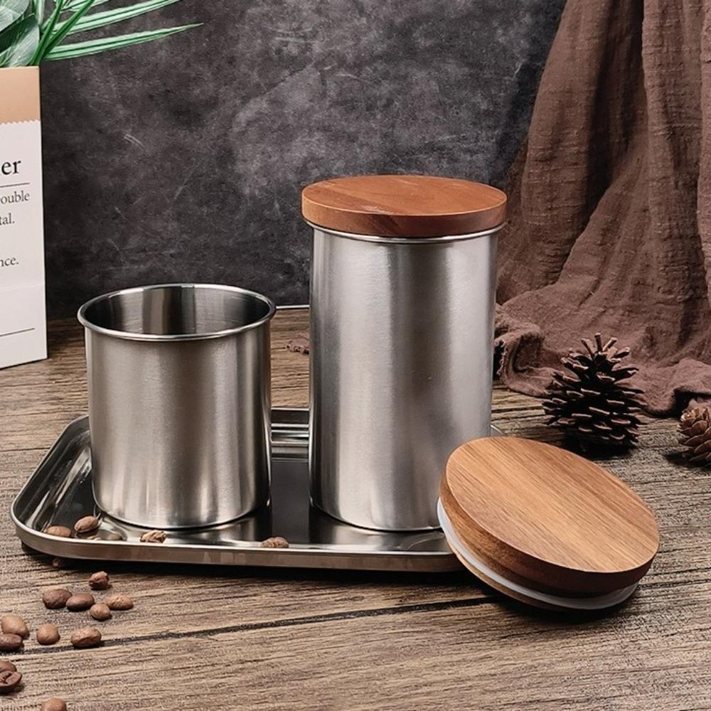 Tragbare Edelstahl-Kaffeekannen Vielseitig mit Holzdeckel Kaffeeaufbewahrungsdose Runde Kaffeebohnen-Aufbewahrungsbox