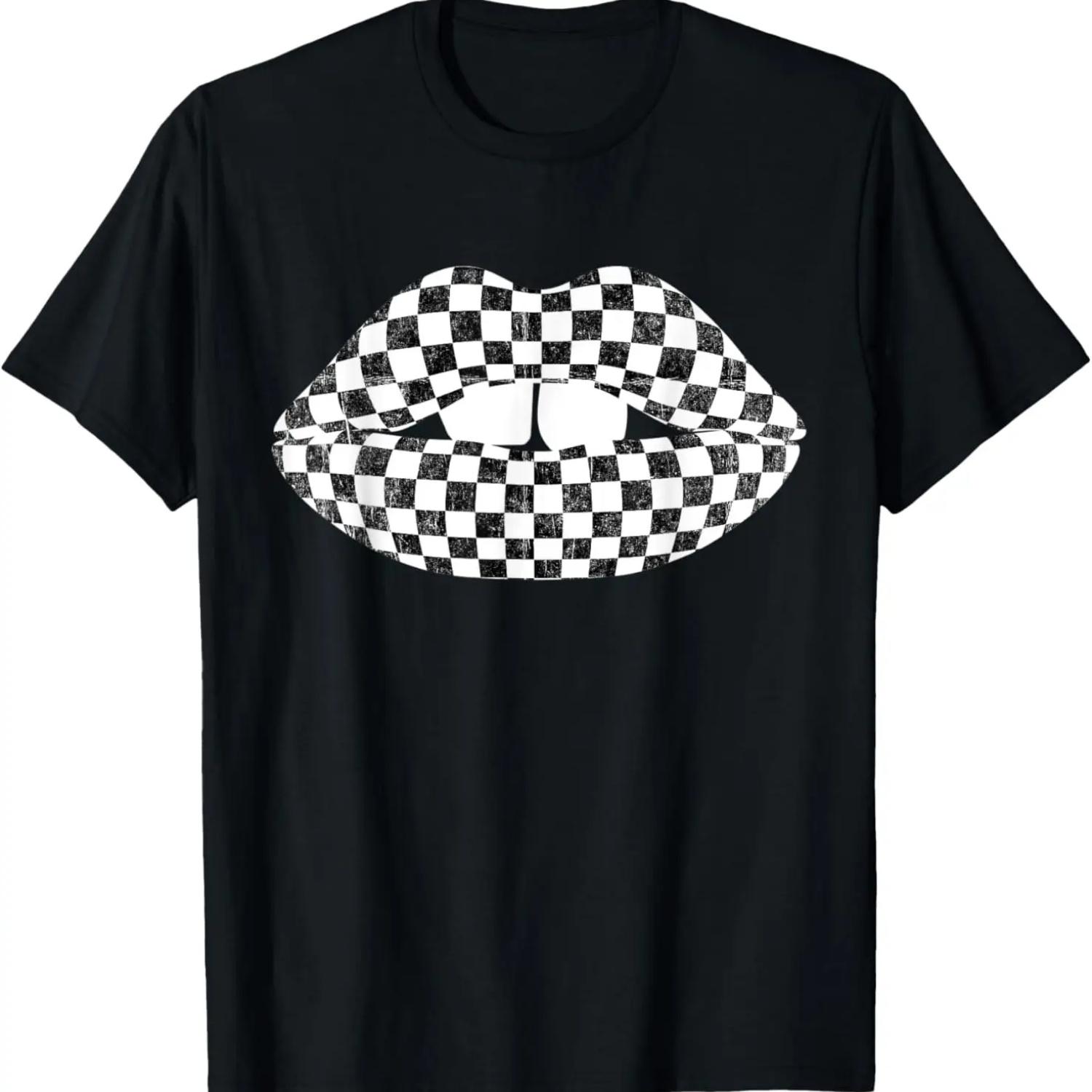 Checkered Pattern Lips Mouth T-Shirt XXXXXL чёрный