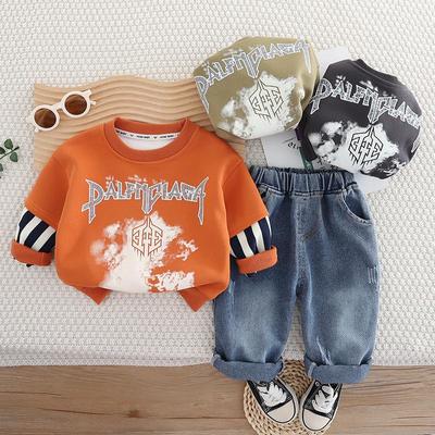 0-5-Year-Old Boy's New Long Sleeved Set Children's Letter Round Neck Hoodie Casual Denim Pants  Baby Boys Fashion Striped Two-piece Set