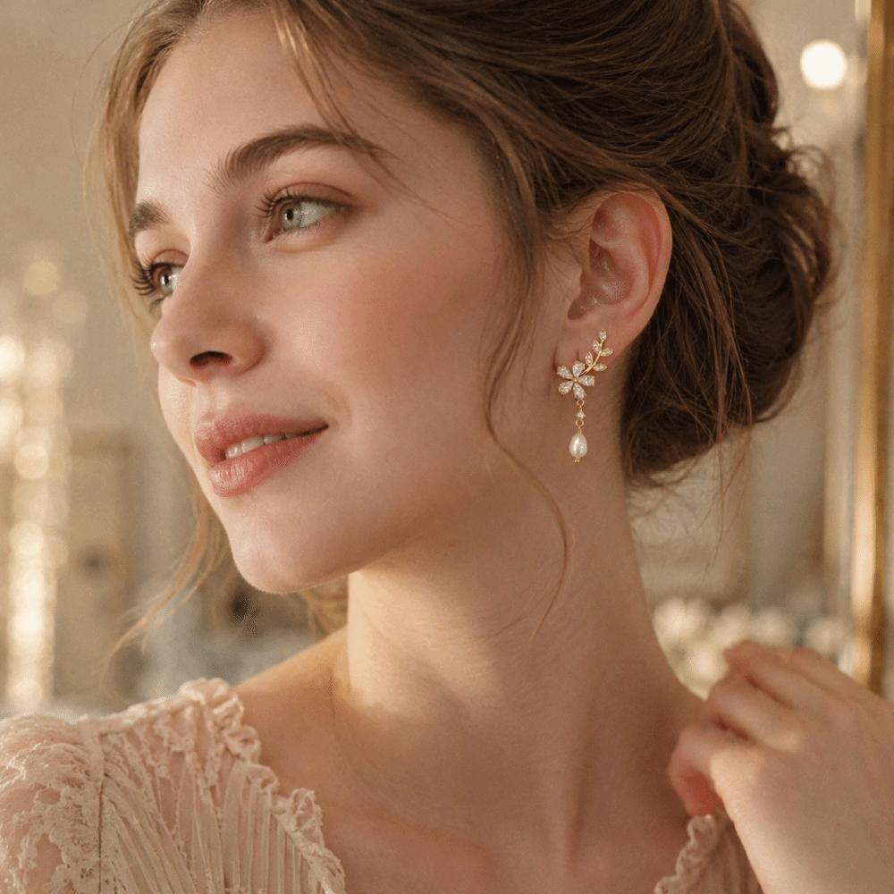 Evening Exquisite Flower Stud Earrings Crystal Luxury Pearl Dangle Earrings Leaves Jewelry Ornament Leaf Flower Earrings Bride