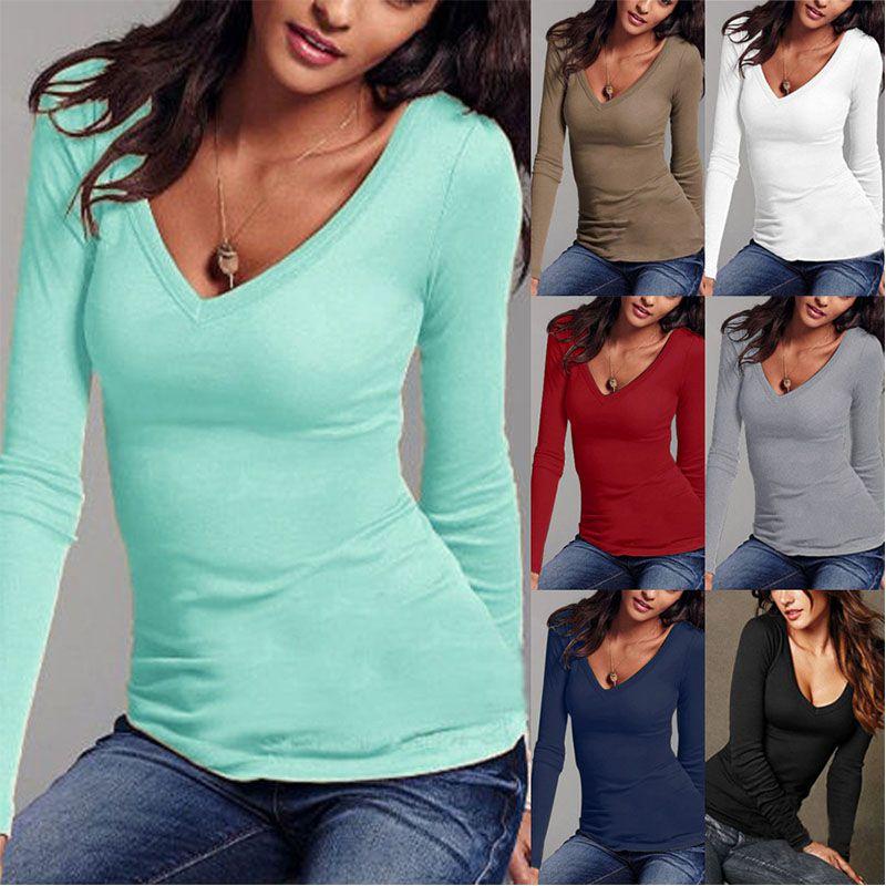 Elegant Autumn And Winter Long-sleeved Solid Color T-shirt V-neck Slim Bottoming Shirt