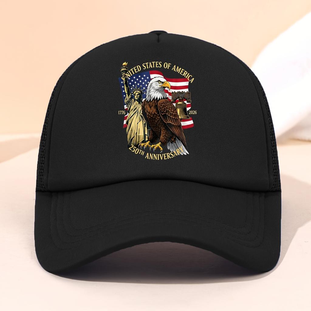 Th Anniversary Trucker Cap for USA Independence Day Featuring a Graphic of The Statue of Liberty And Eagle Flag Perfect