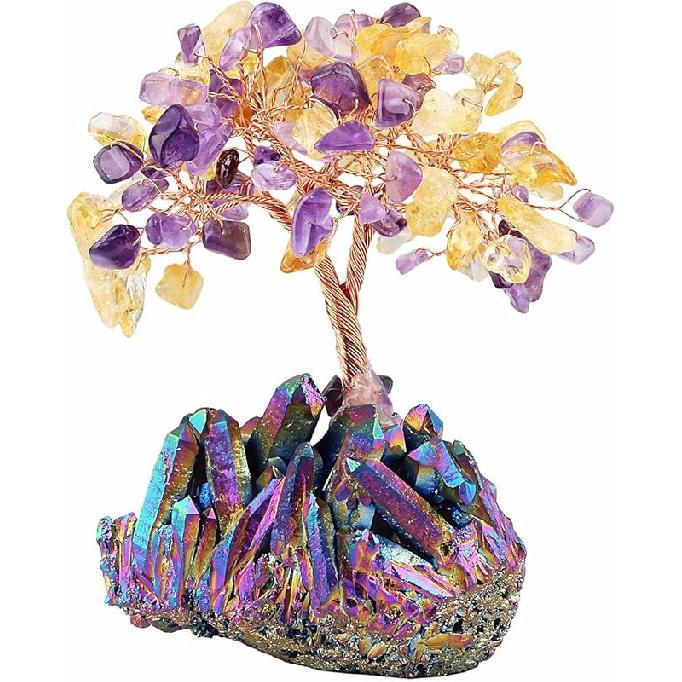 mookaitedecor Amethyst Crystal Tree, Quartz Cluster Rainbow Titanium Crystals Base Bonsai Money Tree for Wealth and Luck