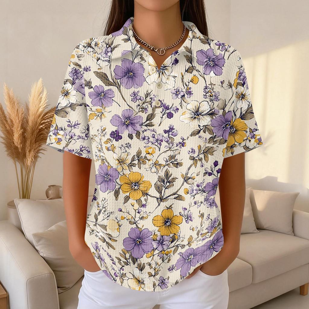 Women’s Casual Short Sleeve Knit Collared Top with Floral Print Relaxed Fit Button Down Blouse for Daily Wear