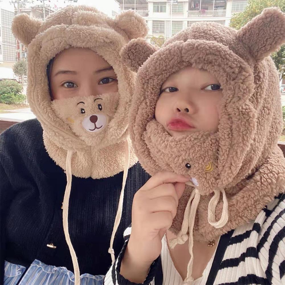 3-in-1 Hat Scarf Gloves Set For Women Cute Bear Mask Hat Winter Warm Double Layered Thickened Accessories
