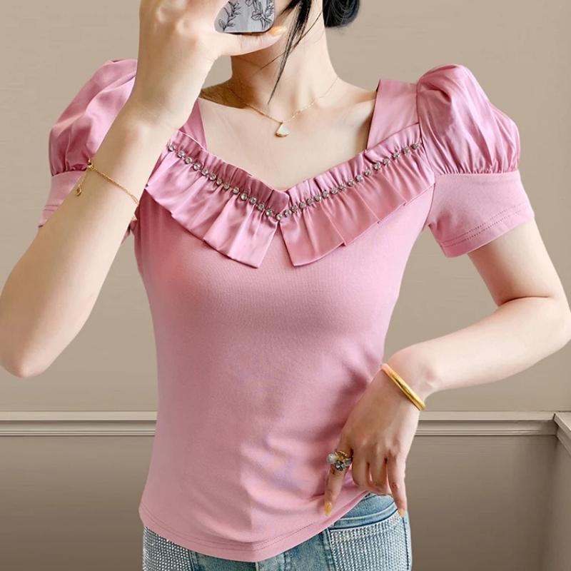 Fashion Summer Ladies Cotton T-shirt Elegant Short Sleeve Women Brand Top Shirts Chic Sexy Square Neck Ruffles Hot Diamonds Tees