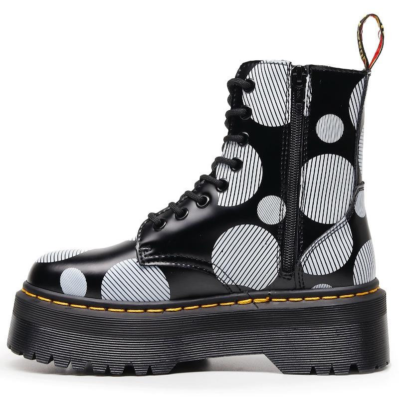 Printed thick-bottomed hole locomotive boots, side zipper British women s short boots, muffin bottom lace-up tooling boots 35