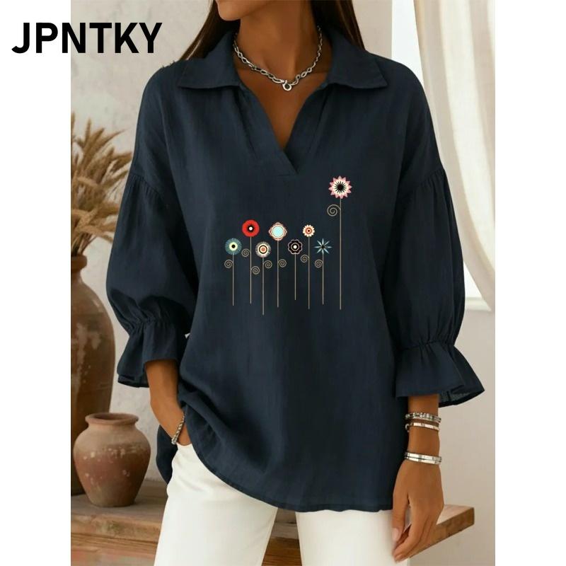 JPNTKY Women's Fashion Casual Summer Spring POLO Neck 3/4 Sleeves Blouses & Shirts