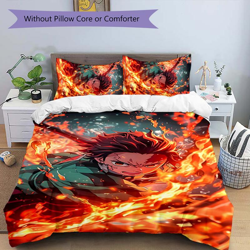 3pcs Demon Slayer Tanjiro Kamado Pattern Bedding Set Duvet Cover Set Includes Duvet Cover &pillowcases, Perfect All Season Bedroom Decoration & Gift