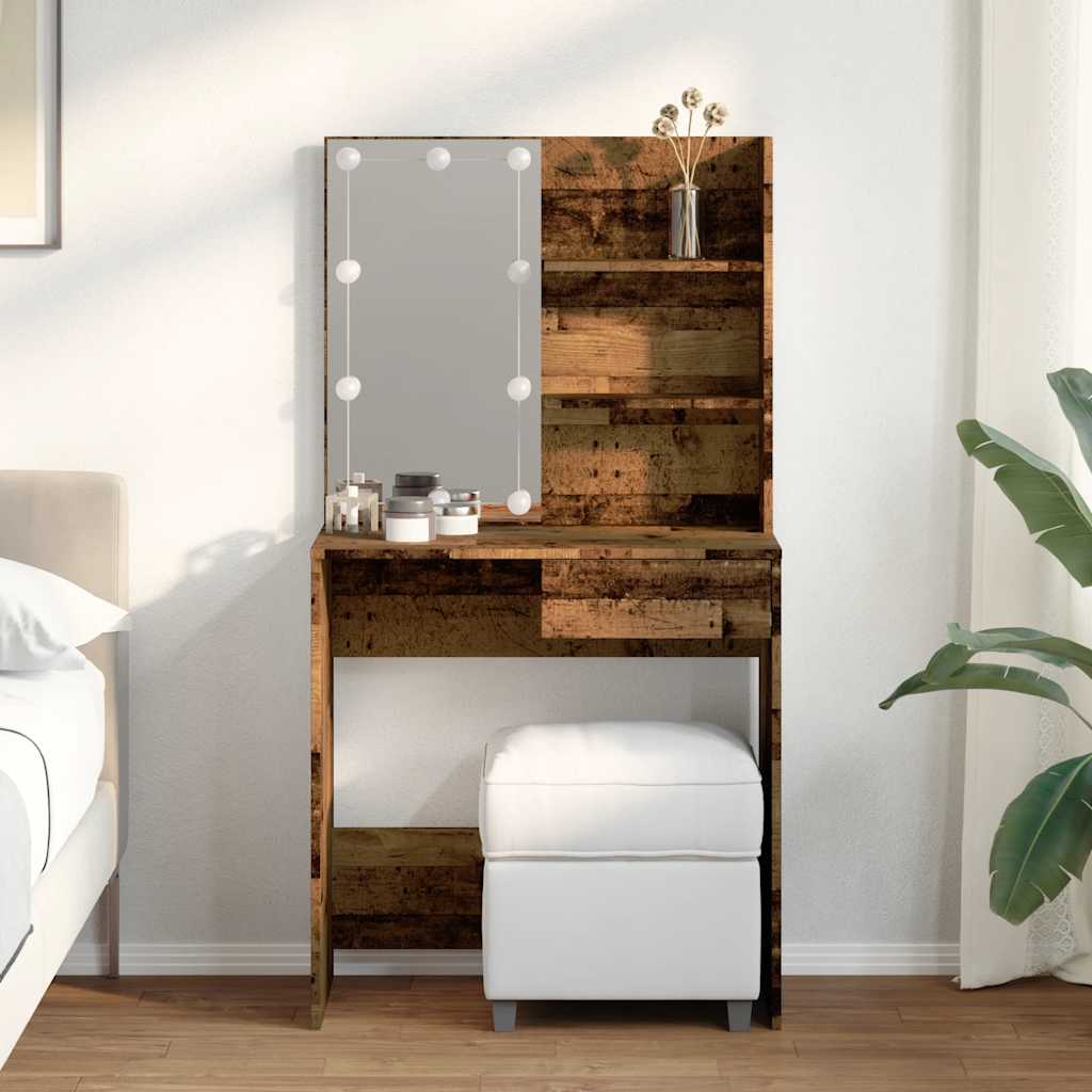 Makeup Table with LED Lights Rustic Wood Look 74.5 x 40 x 141 cm