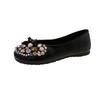 2025 Autumn New Round Head Shallow Mouth Flat Bottom Pearl Rhinestone Bow Single Shoes Flat Heel Soft Sole Ladyshoes