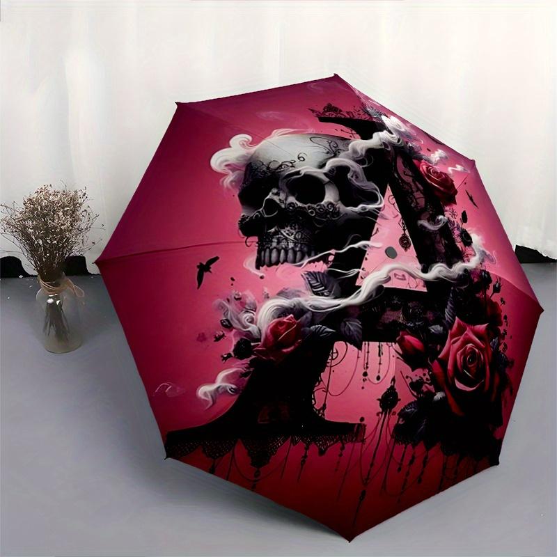 1pc A Skull Roses and Lace in Dark Pink Pattern Umbrella, Fashionable, Personalized, High-Value Folding Umbrella, a Must-Have for Summer, 8-Rib D