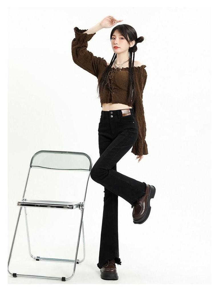 Women's Black Micro-Flare Winter 2026 Retro Slimming Floor-Length Bell Bottom Jeans