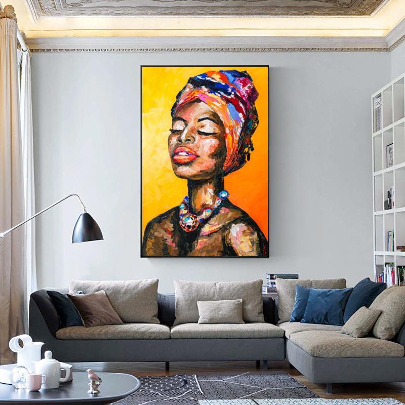 Abstract Knife Oil Painting Portrait Poster Sexy African Women Canvas Painting Wall Pictures for Living Room Cuadros Home Decor