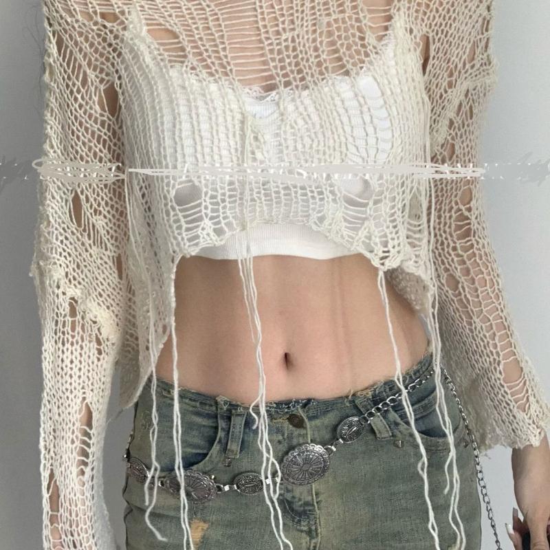 Versatile Maglione Lavorato a Maglia Stile Americano Versione Coreana con Buchi Grandi Intagliato Trasparente Vestibilità Larga Ragazza Piccante Pigro e Rovinato
