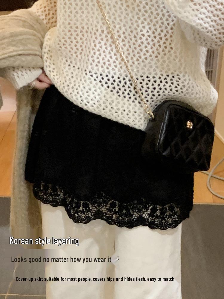 White Lace Layered Skirt - Versatile, Short, Half-Length for Autumn/Winter