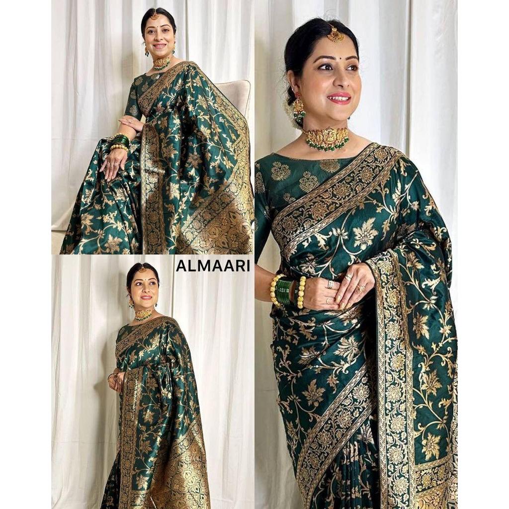 Silk Saree from the ALMAARI Store Is Adorned with Beautiful Zari Work In Form of Traditional Motifs.