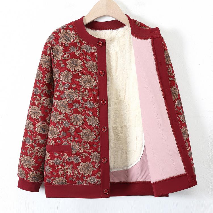 Abrigo de Algodón para Mujeres de Mediana Edad y Ancianas con Terciopelo Cálido Chaqueta de Algodón Floral para Madre para Invierno Nuevo Cárdigan Base Chaqueta de Algodón Floral Pequeño