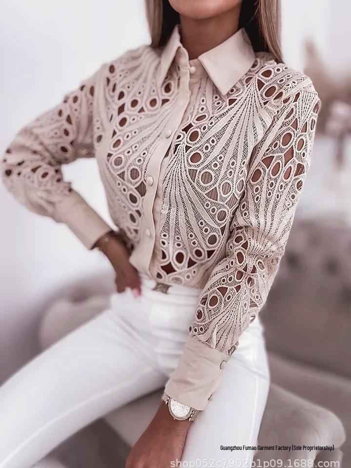 2026 Women s Spring Autumn Lace Hollow Long Sleeve Versatile Fashion Shirt Large белый