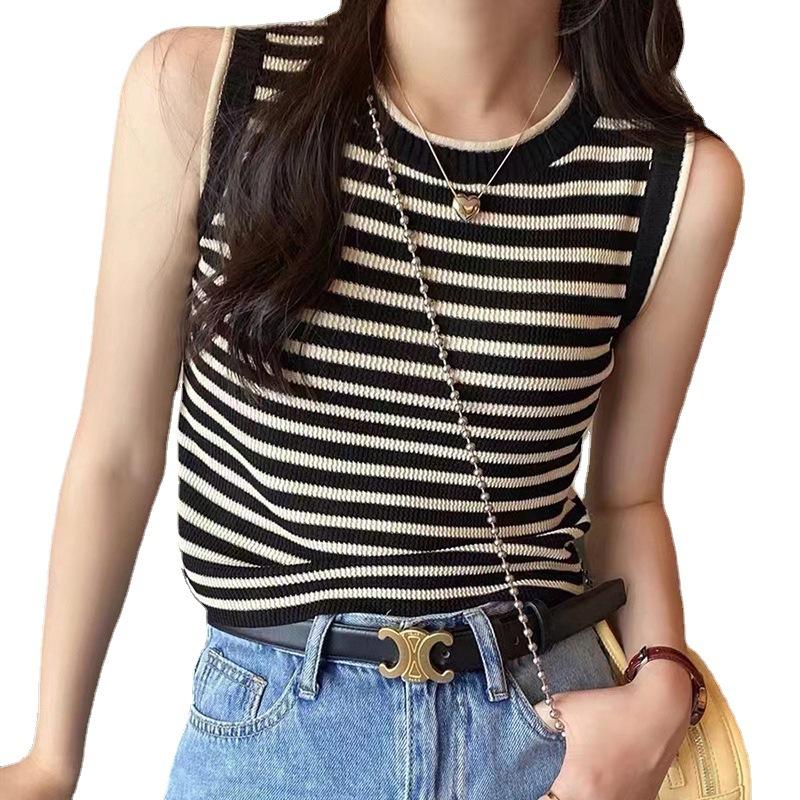 Striped knitted vest suspender women's summer new design sense outer wear wide inner sleeveless student top women