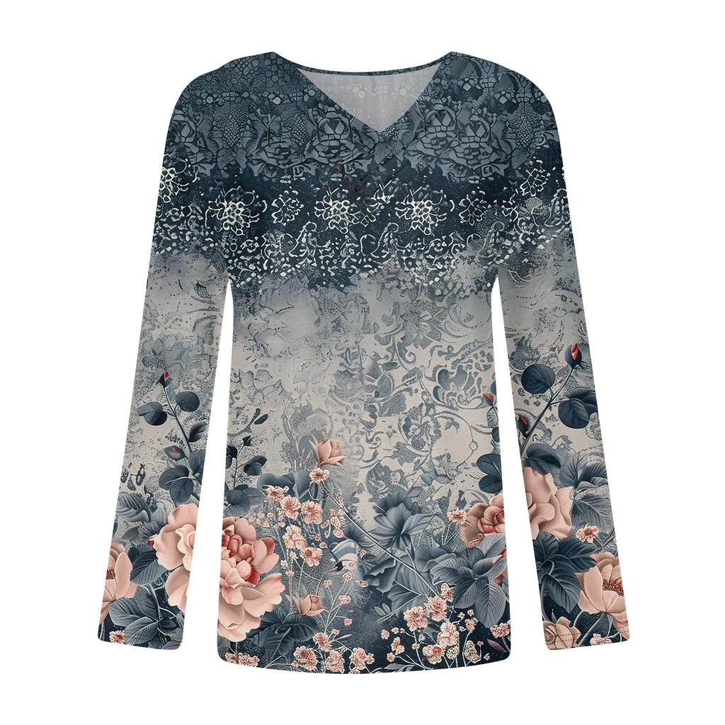 Women's Fashion Casual V Neck Long Sleeve Shirt Loose Button Print Casual T-Shirt Top