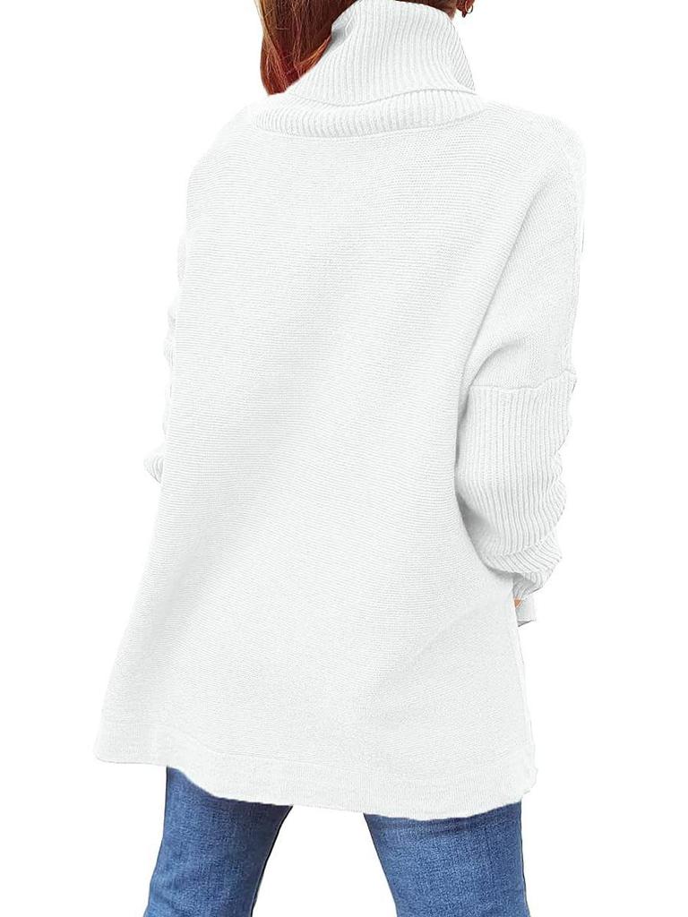 2024 Damen Hochhals Oversized Mittellanger Fledermausärmel Pullover mit Schlitzsaum und Taillengürtel