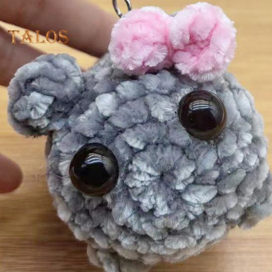 Sad Hamster Plush Keychain Sound Handmade Crochet Doll Keyring with Bow Emotional Charm Hanging Ornament Wallet Backpack Car Keys Accessory