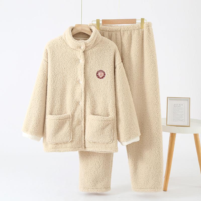 

Пижама из кораллового флиса с воротником-стойкой, женская, осенне-зимняя, плюшевая, утолщенная, теплая, повседневная, с длинным рукавом, фланелевая, домашняя одежда XL