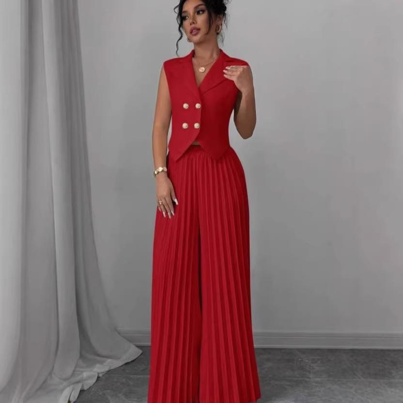 Women's Sleeveless Double Breasted Blazer Vest Two Piece Set High Waist Pleated Wide Leg Pant Elegant Casual Outfit