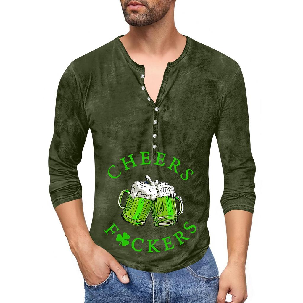 Men'S Printed T-Shirt Outdoor Retro Button Loose Long Sleeve Top