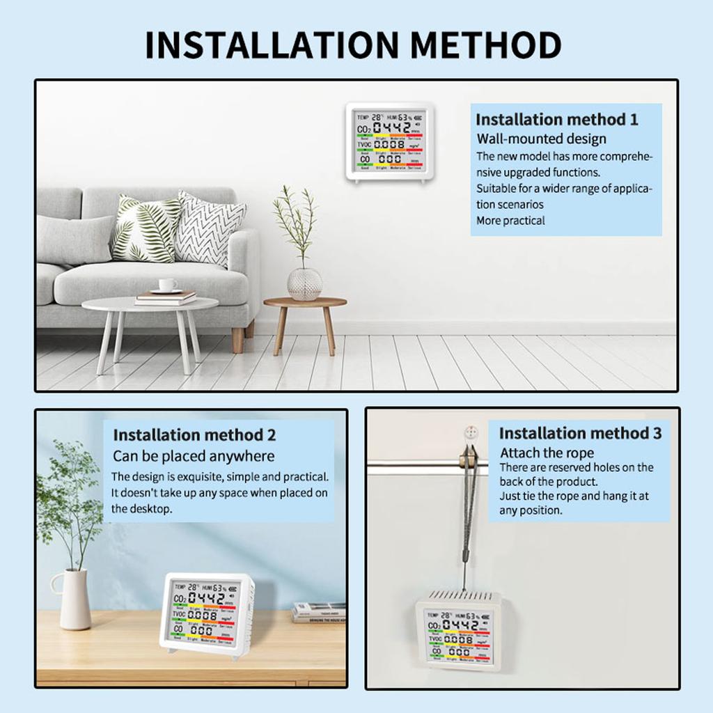 Indoor Air Quality Monitor TVOC Temperature Humidity CO CO2 Detection Air Quality Detector for Home Hotel Office Car