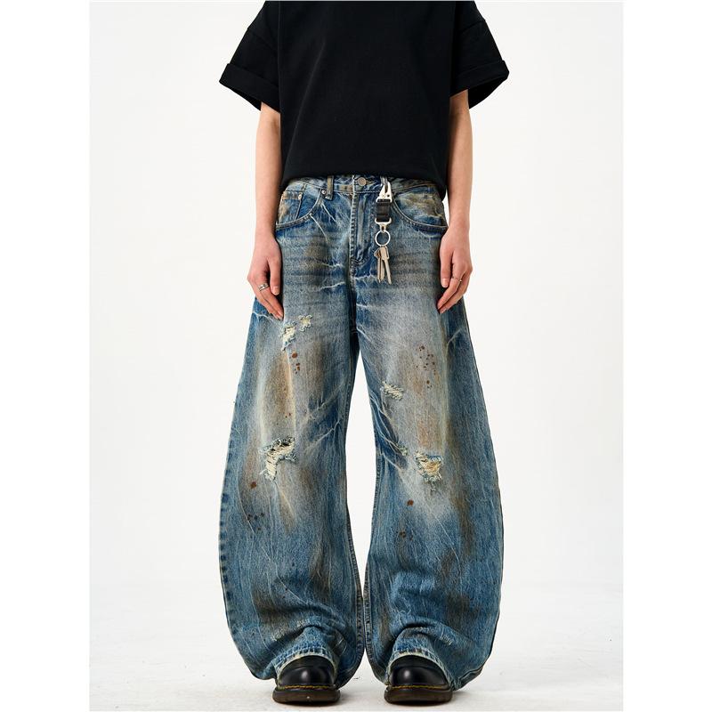 American high street lightning crack dirty dyed ripped scimitar jeans men's and women's wide-leg loose sickle pants
