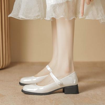 Spring and Autumn Single Shoes Retro Mary Jane Single Shoes Women's Round Head Patent Leather Medium and High Thick Heel Small Leather Shoes