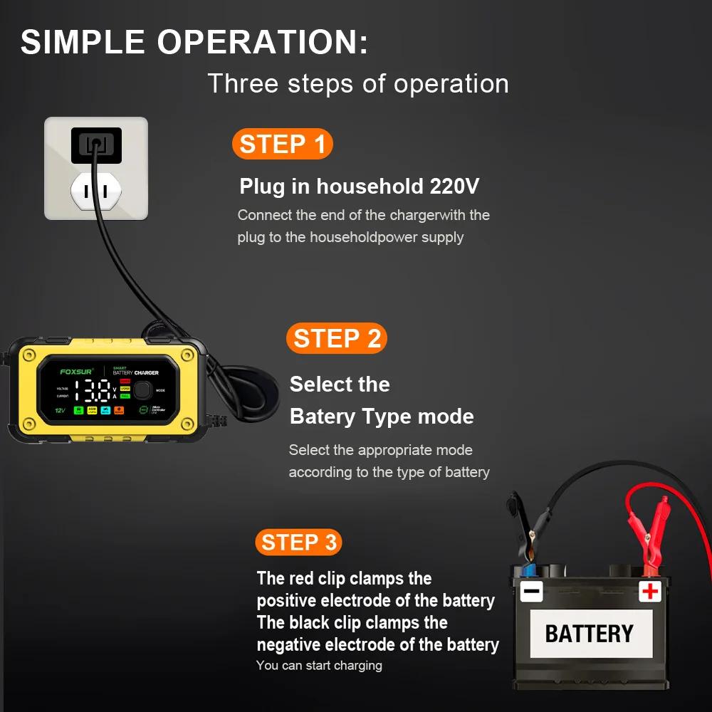 FOXSUR 12V 7A FBC1207E Universal Repair Car Battery Charger Intelligent Repair Motorcycle Charger for Lead Acid LiFePO4 Battery