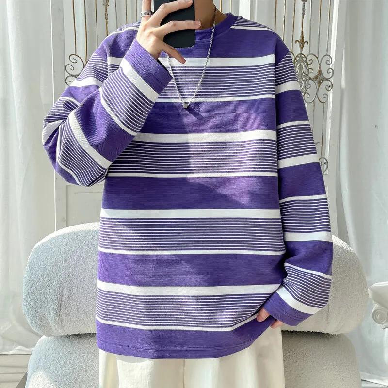 2025 Spring Autumn Men O-Neck Striped T-Shirt Fashion Loose Streetwear Tshirt Men Long Sleeve Japanese Style Lazy for Teens