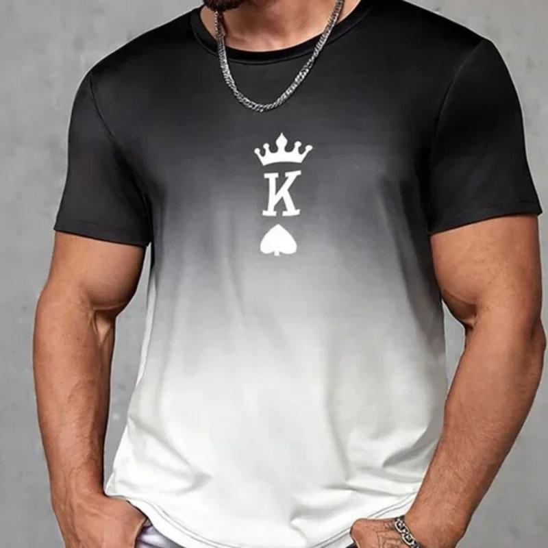 Summer Round Neck 3D Gradient Spade K Pattern Print Top Fashionable Casual Short Sleeved Men's T-shirts
