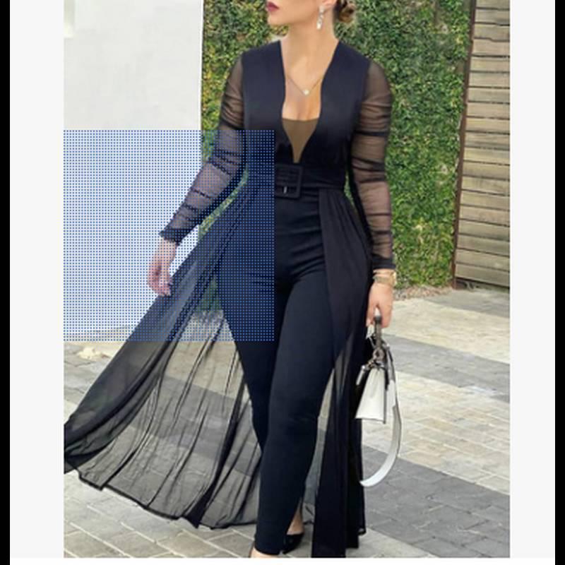 Women's Fashion Jumpsuit: Solid Color, Deep V-Neck, Long Sleeve, Lace Trim, Slim Fit Skirt Pants