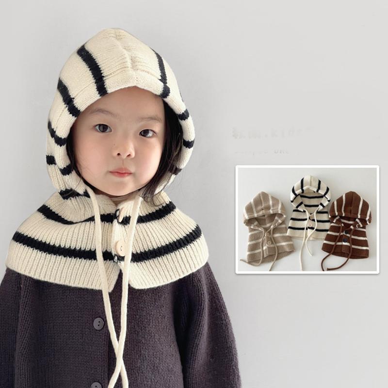 Winter Kids Balaclava Hat Korean Stripe Toddler Hooded Beanies Warm Woolen Children Boy Girl Knitted Caps Scarf
