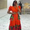 European and American Summer New African Vacation Style V-neck Bubble Sleeve Decorative Belt Dress