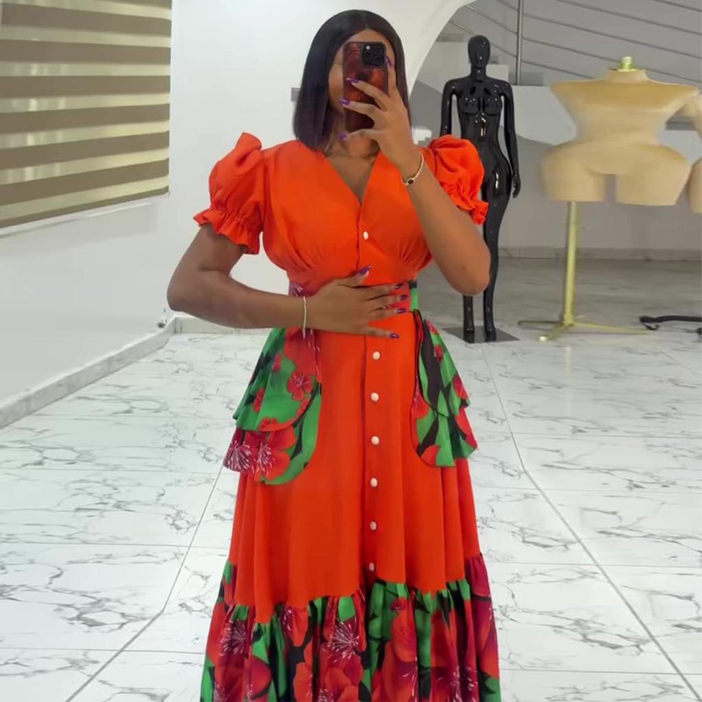 European and American Summer New African Vacation Style V-neck Bubble Sleeve Decorative Belt Dress